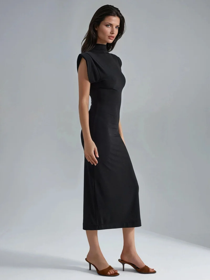 Busem Black BUSEM Padded Slit Detailed Midi Dress for Women | Best Price UAE
